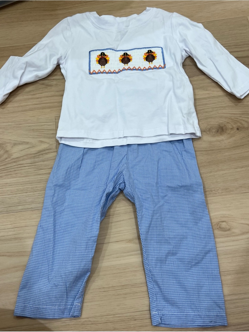 White Long-Sleeve Smocked Top and Blue Gingham Pants Kids Pajama Set